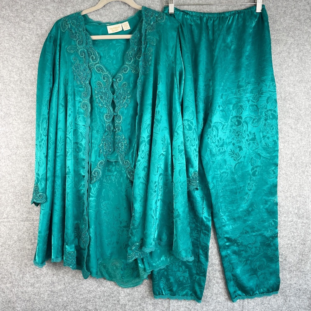 VTG Victoria Secret Gold Label 3 Piece Pajama Set Womens S/M Green Embroidered